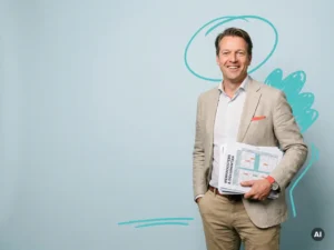 Zelfverzekerde Nederlandse mkb-ondernemer met werkroosters in studio, veel copyspace, rustige professionele uitstraling