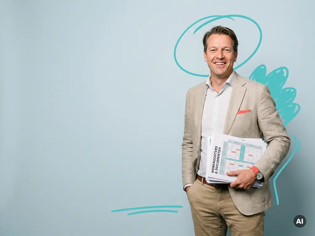 Zelfverzekerde Nederlandse mkb-ondernemer met werkroosters in studio, veel copyspace, rustige professionele uitstraling
