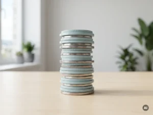Geordende stapel munten en betaalfiches op licht bureau in rustig kantoor, symbool voor inbegrepen kosten.