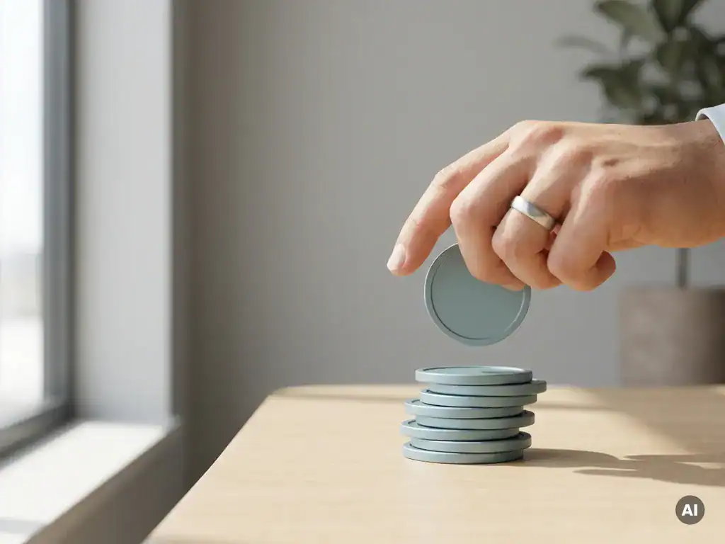 Hand plaatst munt op stapel matte munten op bureau in modern kantoor, symbool voor online salarisadministratie.