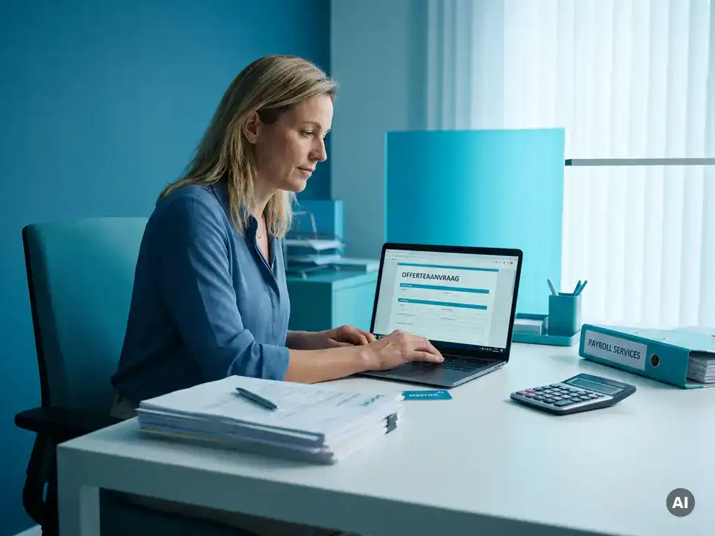 Ondernemer vult offerteaanvraag in op laptop aan modern bureau, met documenten, in rustige zakelijke payroll-setting.