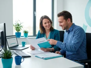 HR-medewerker en nieuwe collega bekijken onboardingdocumenten en payroll op laptop aan modern bureau in kantoor.