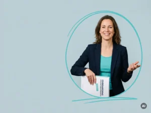 Nederlandse payrollmedewerker met onboardingmap, glimlachend in studio, met ruimte links voor blogthumbnail onboarding