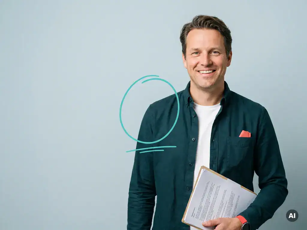Vriendelijke Nederlandse ondernemer met documenten, glimlachend in studio, voor mkb-administratie en zakelijke service