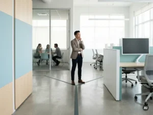 Zelfverzekerde ondernemer op kruispunt in moderne werkruimte, kiezend tussen teamwerk en lege kantooropstelling