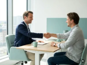 Ondernemer en medewerker schudden handen aan modern bureau in rustige payroll-kantoorruimte met daglicht.