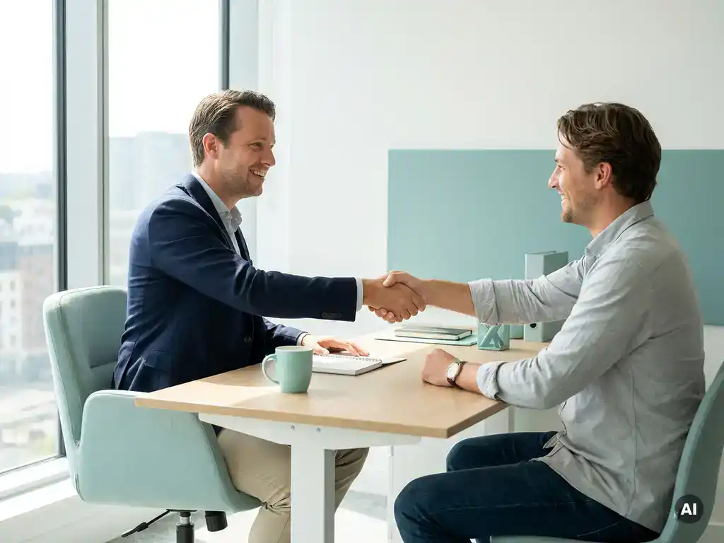 Ondernemer en medewerker schudden handen aan modern bureau in rustige payroll-kantoorruimte met daglicht.