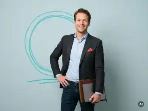 Zelfverzekerde Nederlandse ondernemer in smart casual met map, glimlachend in studio, payroll en mkb uitstraling