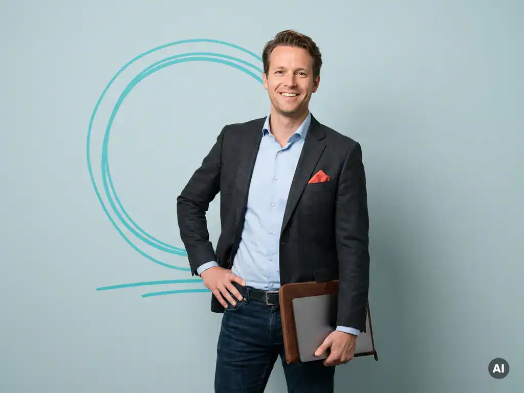 Zelfverzekerde Nederlandse ondernemer in smart casual met map, glimlachend in studio, payroll en mkb uitstraling