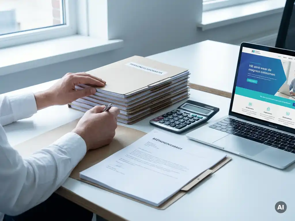 HR-professional controleert beëindigingsbrief en personeelsdossiers op modern bureau met laptop en calculator.