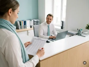 Oproepkracht bekijkt dienstrooster aan balie, payrollmedewerker werkt op achtergrond in modern, rustig kantoor.