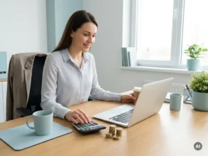 Parttime medewerker aan laptop met rekenmachine en munten op nette werkplek in modern kantoor met daglicht