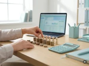 Handen van een salarisadministrateur ordenen munten en houten figuren op een modern bureau met calculator en laptop.