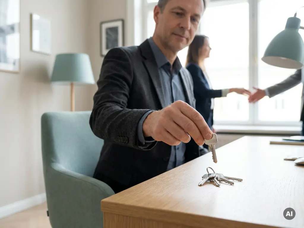 Payrolladviseur kiest een sleutel op bureau in modern kantoor, met handdruk op achtergrond als teken van betrouwbaarheid