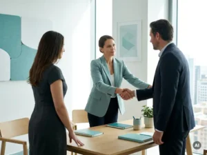 Intermediair verbindt twee professionals met een handdruk aan bureau in modern kantoor, payrollondersteuning.