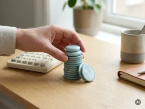 Payrollbudget met stapel teal munten naast bureaurekenmachine, hand van accountant past maandelijkse kosten aan.