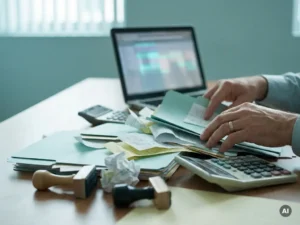 Handen ordenen chaotische payrollmappen, bonnetjes en rekenmachines op bureau, met laptop op de achtergrond.
