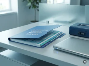 Beveiligde payrollmap met salarisdocumenten op bureau naast laptop en archiefbox, in rustige blauw-turquoise tinten
