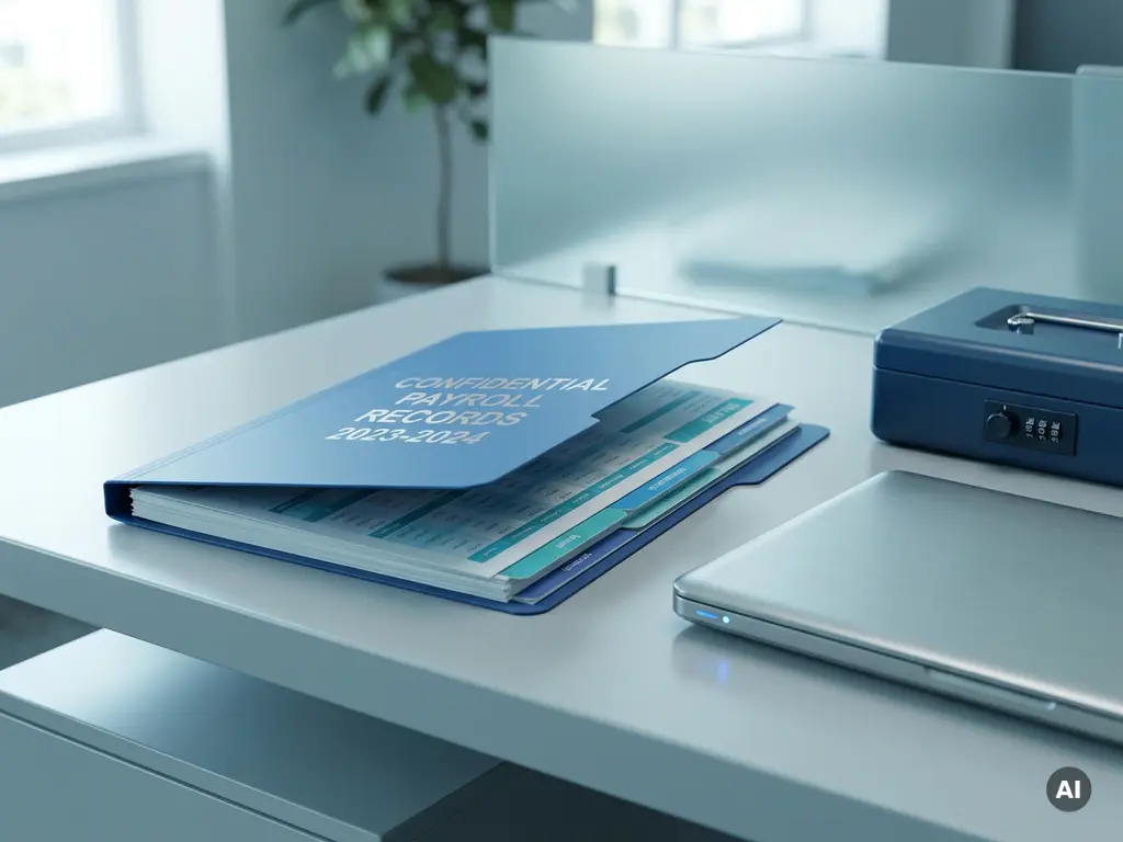 Beveiligde payrollmap met salarisdocumenten op bureau naast laptop en archiefbox, in rustige blauw-turquoise tinten