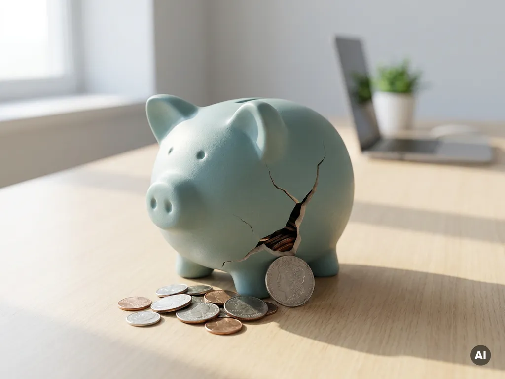 Gebarsten blauwgroene spaarpot met munten op bureau, symbool voor payrollfout en financiële impact