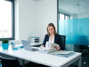 Zelfverzekerde intermediair ordent payrolldocumenten aan strak bureau in modern kantoor met laptop en contractmap