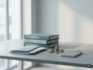 Teal ordners, mappen en muntstapels op bureau verbeelden salarisadministratie en kostenbeheer voor een mkb-kantoor.