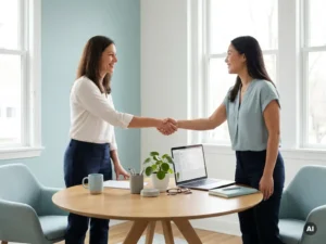 Kleine ondernemer en medewerker schudden handen aan ronde tafel in licht kantoor, passend bij payroll voor mkb.