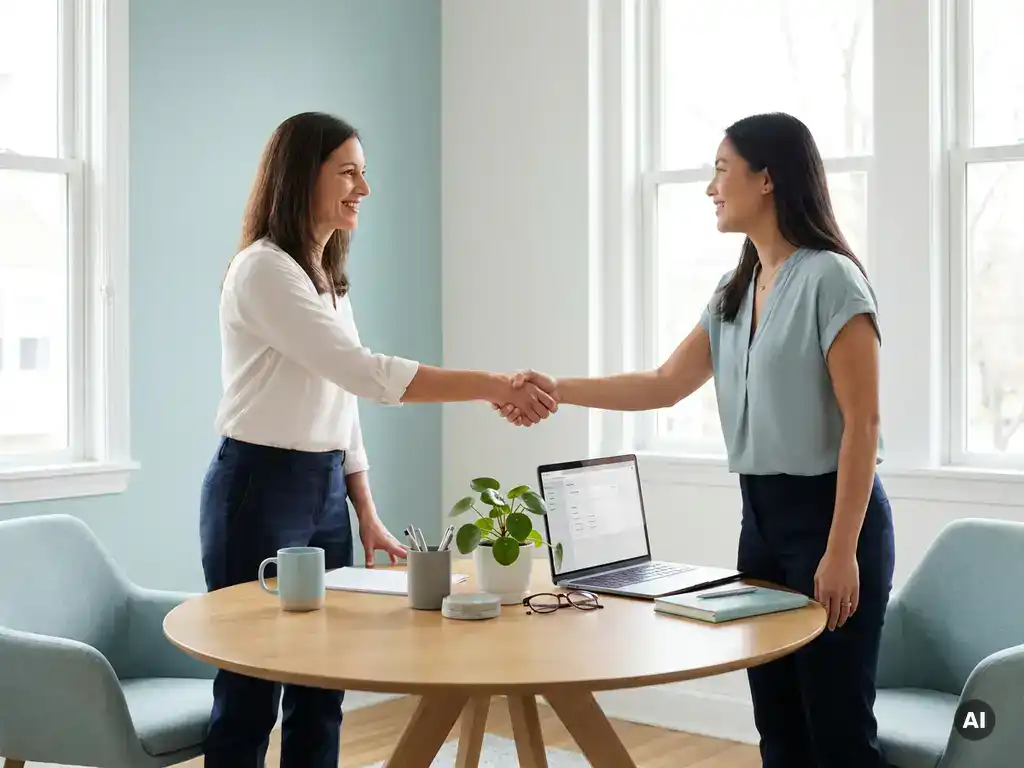 Kleine ondernemer en medewerker schudden handen aan ronde tafel in licht kantoor, passend bij payroll voor mkb.