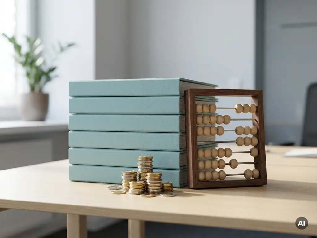 Gestapelde payrollmappen naast munten en een houten telraam op modern bureau in een rustige kantooromgeving