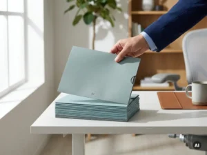 Professionele hand kiest payrollmap uit nette stapel op bureau in modern kantoor, symbool voor vertrouwen en zorgvuldigheid