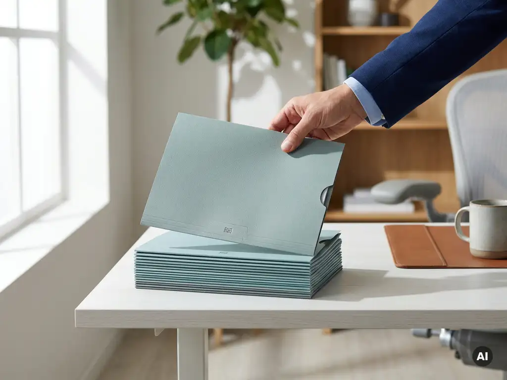 Professionele hand kiest payrollmap uit nette stapel op bureau in modern kantoor, symbool voor vertrouwen en zorgvuldigheid