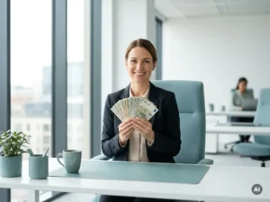 Zelfverzekerde payrollmedewerker houdt bankbiljetten vast in modern kantoor met daglicht en rustige sfeer