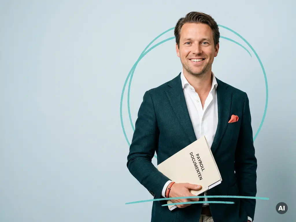 Zelfverzekerde mkb-ondernemer met personeelsdocumenten voor payroll, in studio met lichtblauwe achtergrond en copyspace