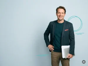 Vriendelijke Nederlandse mkb-ondernemer met documenten, rechts in beeld op lichtblauwgrijze achtergrond voor payroll.