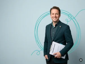 Vriendelijke Nederlandse mkb-ondernemer met map voor personeelszaken, glimlachend in studio op licht blauwgrijze achtergrond