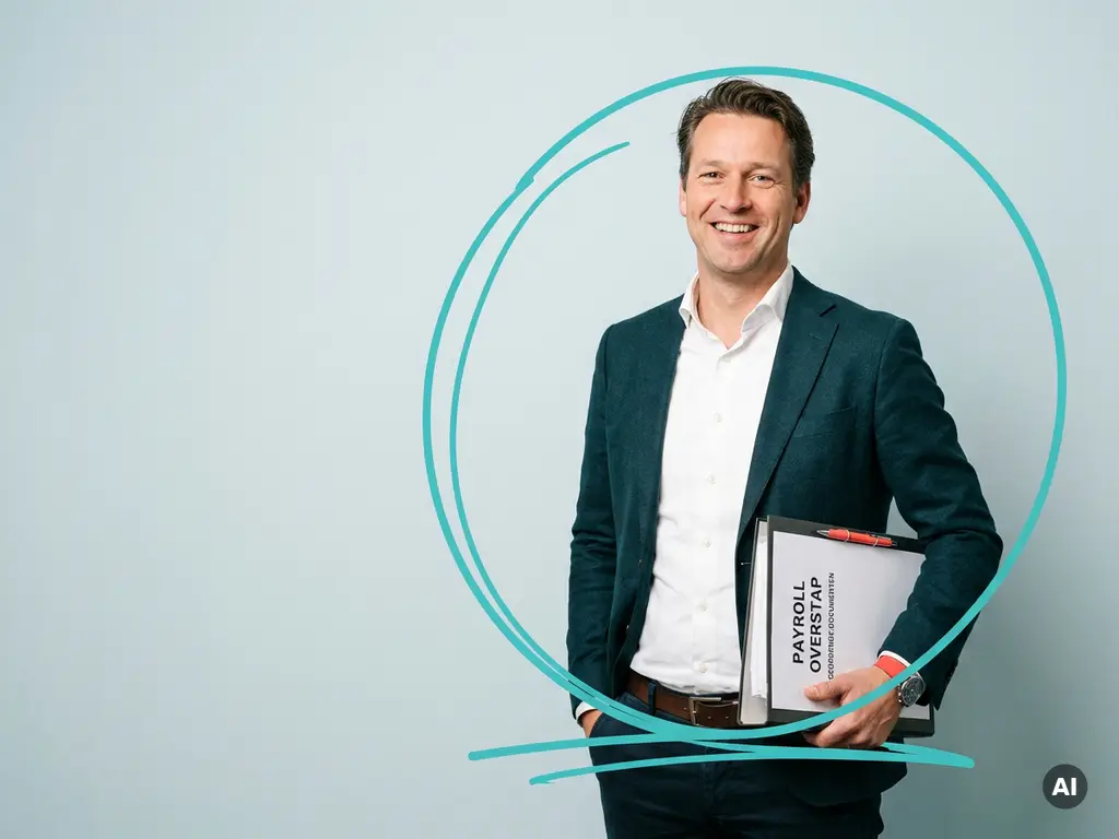 Zelfverzekerde mkb-ondernemer met map in studio, symbool voor soepele overstap naar payroll, met veel kopieerruimte