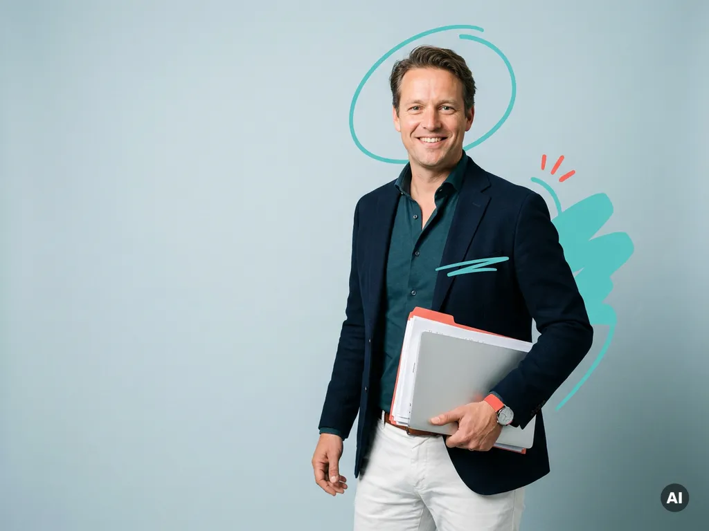 Vriendelijke Nederlandse mkb-ondernemer met documenten en laptop, payroll-uitstraling, op licht blauwgrijze achtergrond