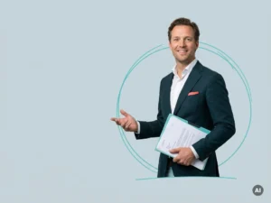 Vriendelijke Nederlandse mkb-ondernemer met documenten in studio, professionele payroll-uitstraling en open houding