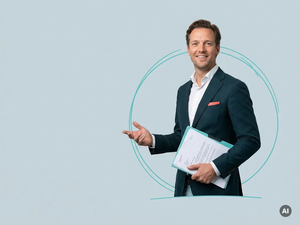Vriendelijke Nederlandse mkb-ondernemer met documenten in studio, professionele payroll-uitstraling en open houding