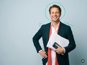 Nederlandse mkb-ondernemer met urenbriefjes en smartphone, glimlachend voor payrollondersteuning, rechts in beeld