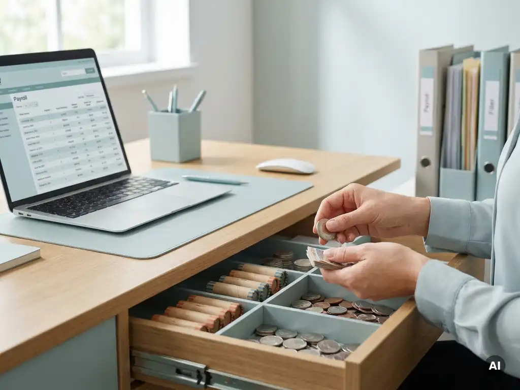 Handen tellen en sorteren munten bij een nette payroll-werkplek, met muntrollen op een strak bureau in daglicht.