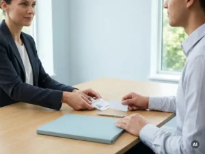 Hiring manager en nieuwe medewerker schikken onboardingspullen bij handdruk, voor een soepel payroll hiringproces.