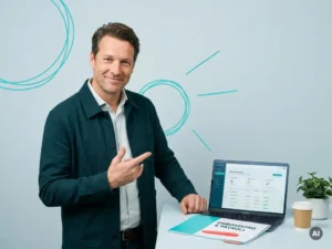 Vriendelijke mkb-ondernemer naast laptop en koffie tijdens onboarding, ontspannen en uitnodigend voor payrollbedrijf