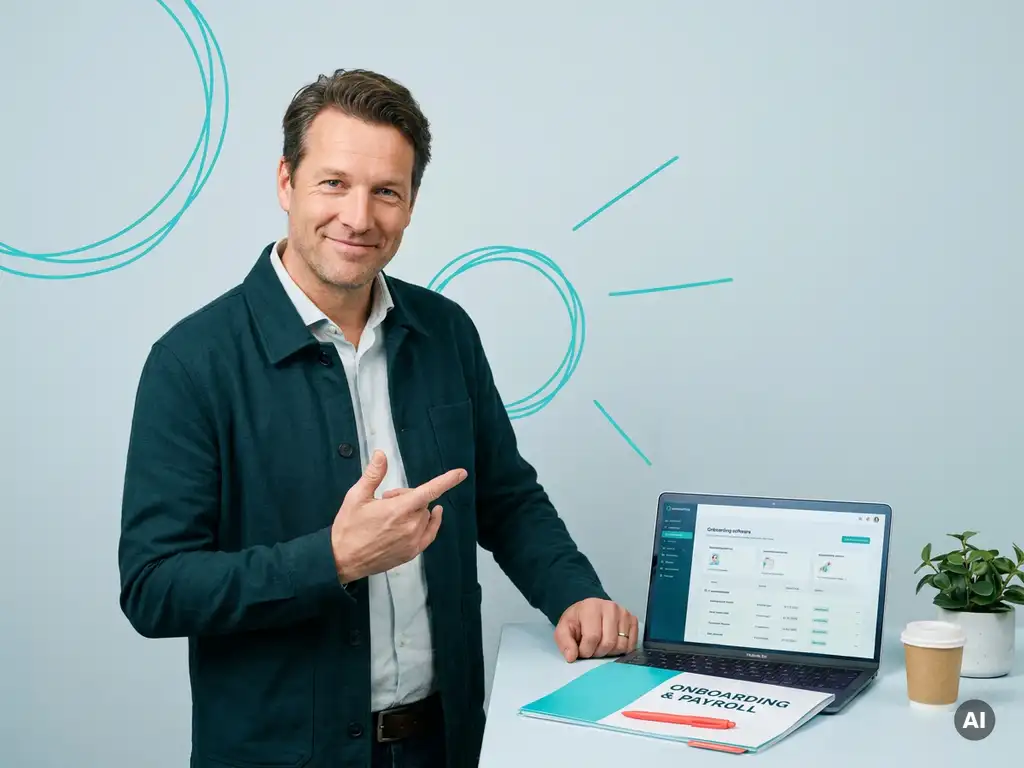 Vriendelijke mkb-ondernemer naast laptop en koffie tijdens onboarding, ontspannen en uitnodigend voor payrollbedrijf