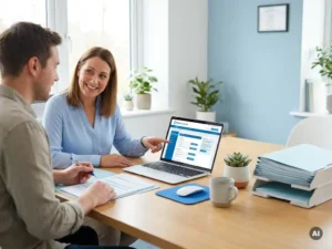 Nieuwe medewerker en HR-administrateur regelen payroll onboarding samen aan een bureau in een lichte, moderne kantoorruimte