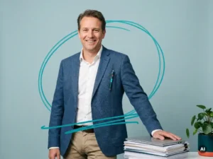 Zelfverzekerde mkb-ondernemer met documenten en laptop in studio, voor payroll en backoffice dienstverlening