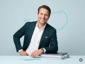 Zelfverzekerde mkb-ondernemer naast documenten en laptop, in studio met ruimte links, voor payroll en backoffice