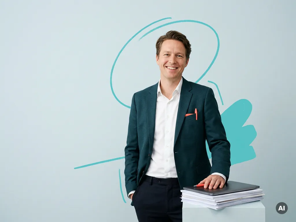 Nederlandse mkb-ondernemer met glimlach naast documenten en laptop, in studio, voor payroll dienstverlening
