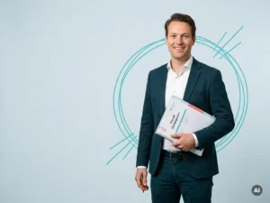 Nederlandse mkb-ondernemer met payroll-documenten, glimlachend in studio met veel lege ruimte links.