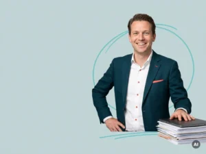 Zelfverzekerde Nederlandse mkb-ondernemer met documenten in studio, symbool voor payroll en overgenomen werk